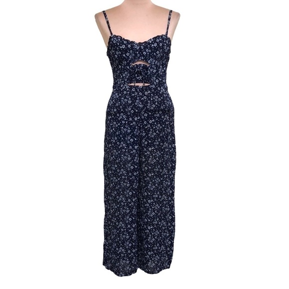 Reformation Fergie Jumpsuit Size 2 Navy Blue Floral Print Cutout Lace Up Corset - Picture 1 of 9
